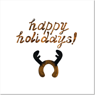 Lettering Happy Holidays, hand drawn phrase. Greeting card. Headband decoration with antlers of moose (deer) isolated on white . Design for the invitation, poster, postcard, wrapping paper, cover. Posters and Art